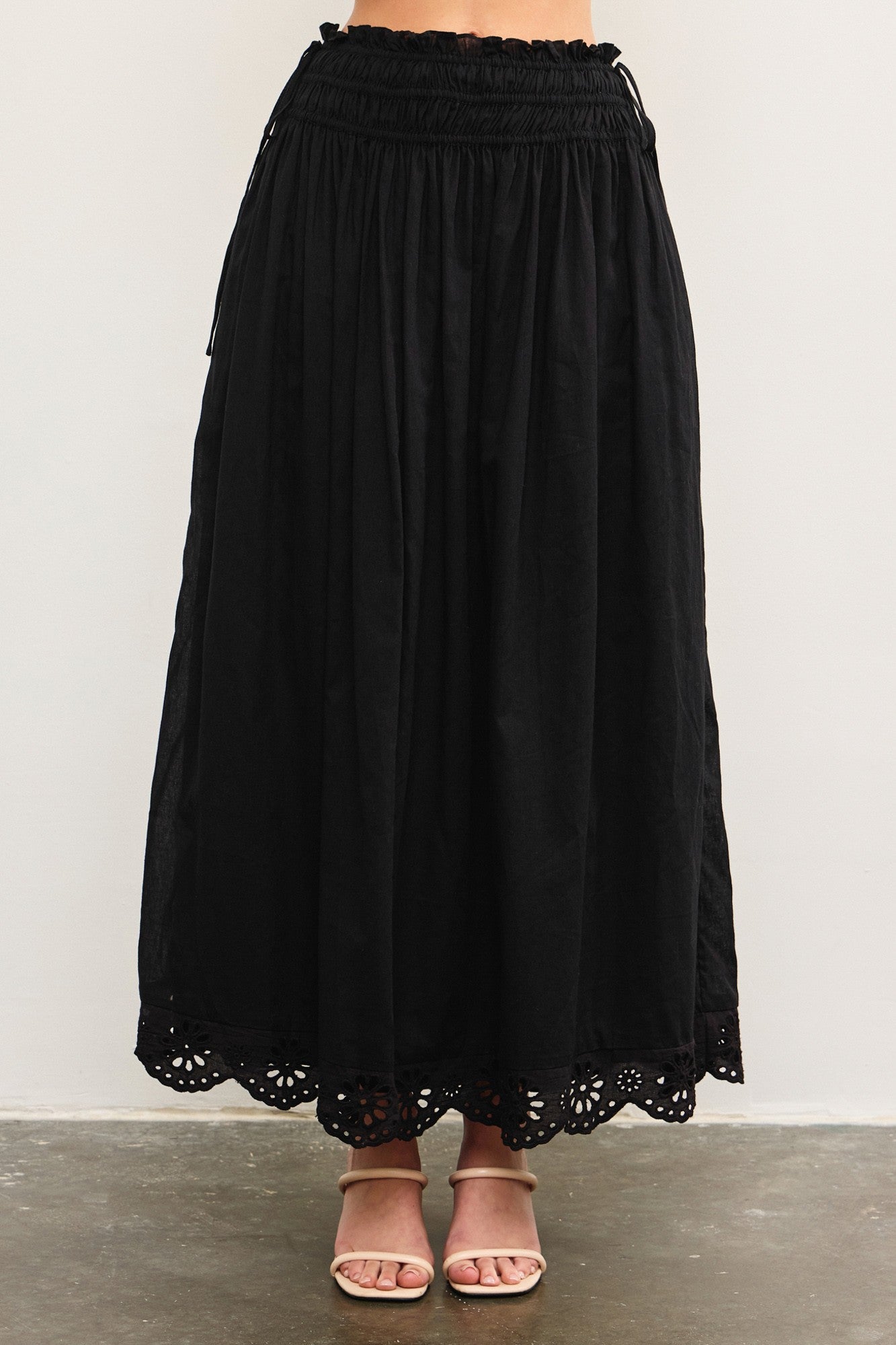 Black Smocked Waist Eyelet Lace Hem Maxi Skirt