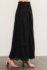Black Smocked Waist Eyelet Lace Hem Maxi Skirt
