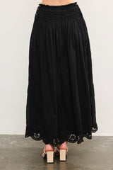 Black Smocked Waist Eyelet Lace Hem Maxi Skirt