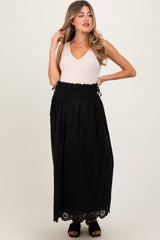 Black Smocked Waist Eyelet Lace Hem Maternity Maxi Skirt