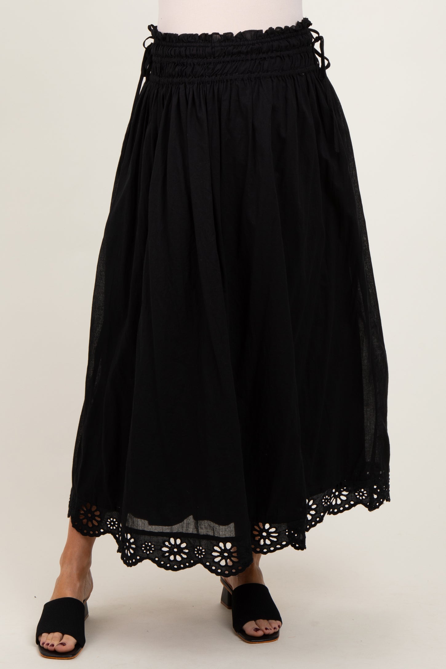 Black Smocked Waist Eyelet Lace Hem Maternity Maxi Skirt