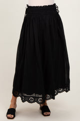 Black Smocked Waist Eyelet Lace Hem Maternity Maxi Skirt
