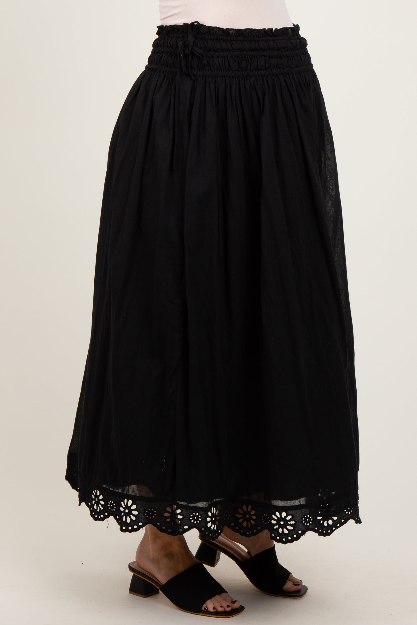 Black Smocked Waist Eyelet Lace Hem Maternity Maxi Skirt