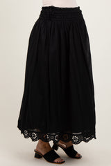 Black Smocked Waist Eyelet Lace Hem Maternity Maxi Skirt