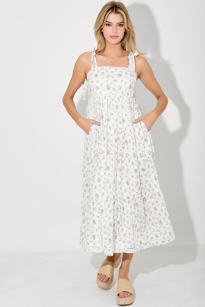 Light Pink Floral Shoulder Tie Maternity Midi Dress