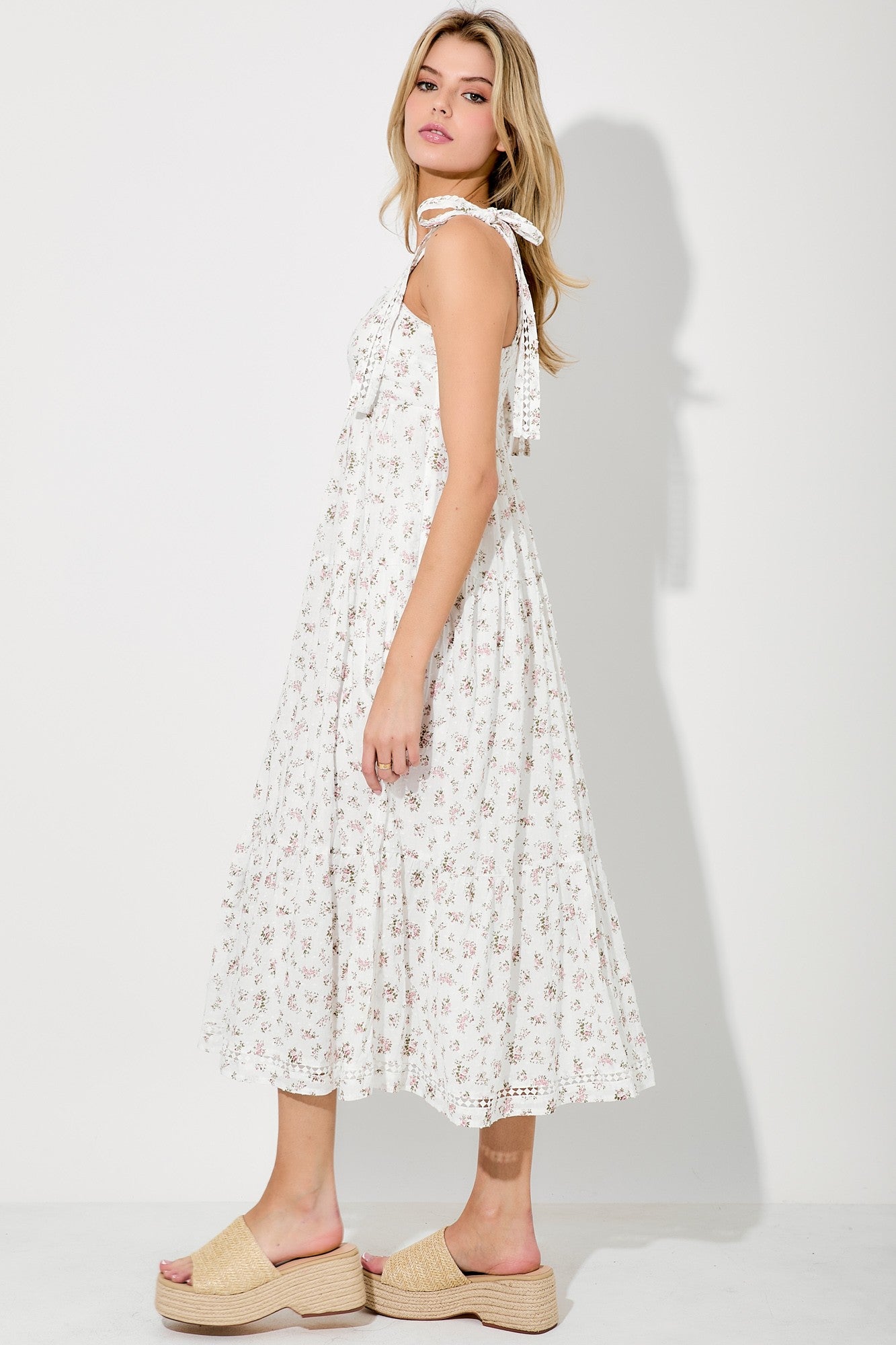 Light Pink Floral Shoulder Tie Midi Dress