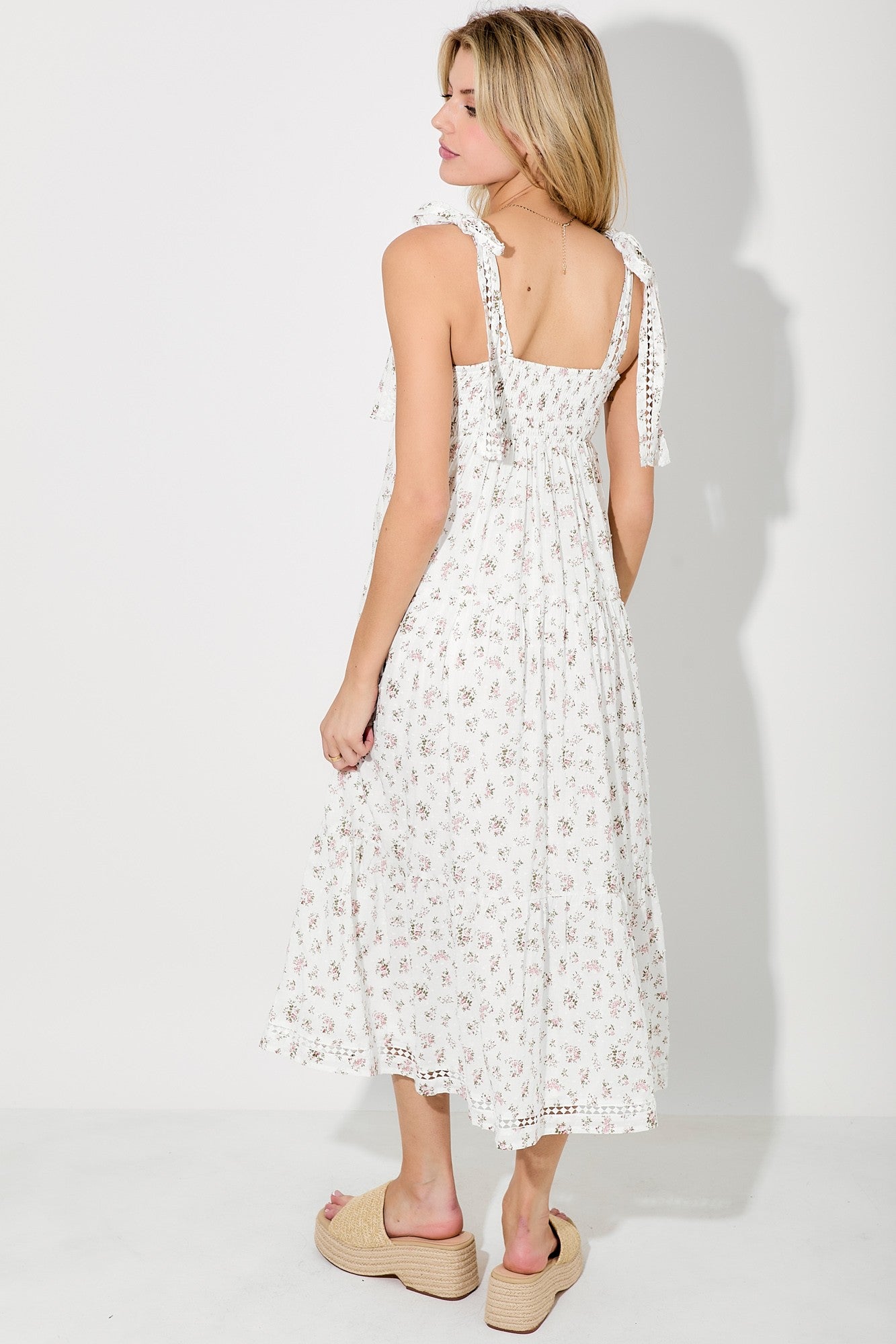 Light Pink Floral Shoulder Tie Midi Dress