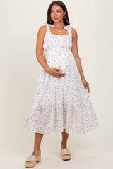 Light Pink Floral Shoulder Tie Maternity Midi Dress