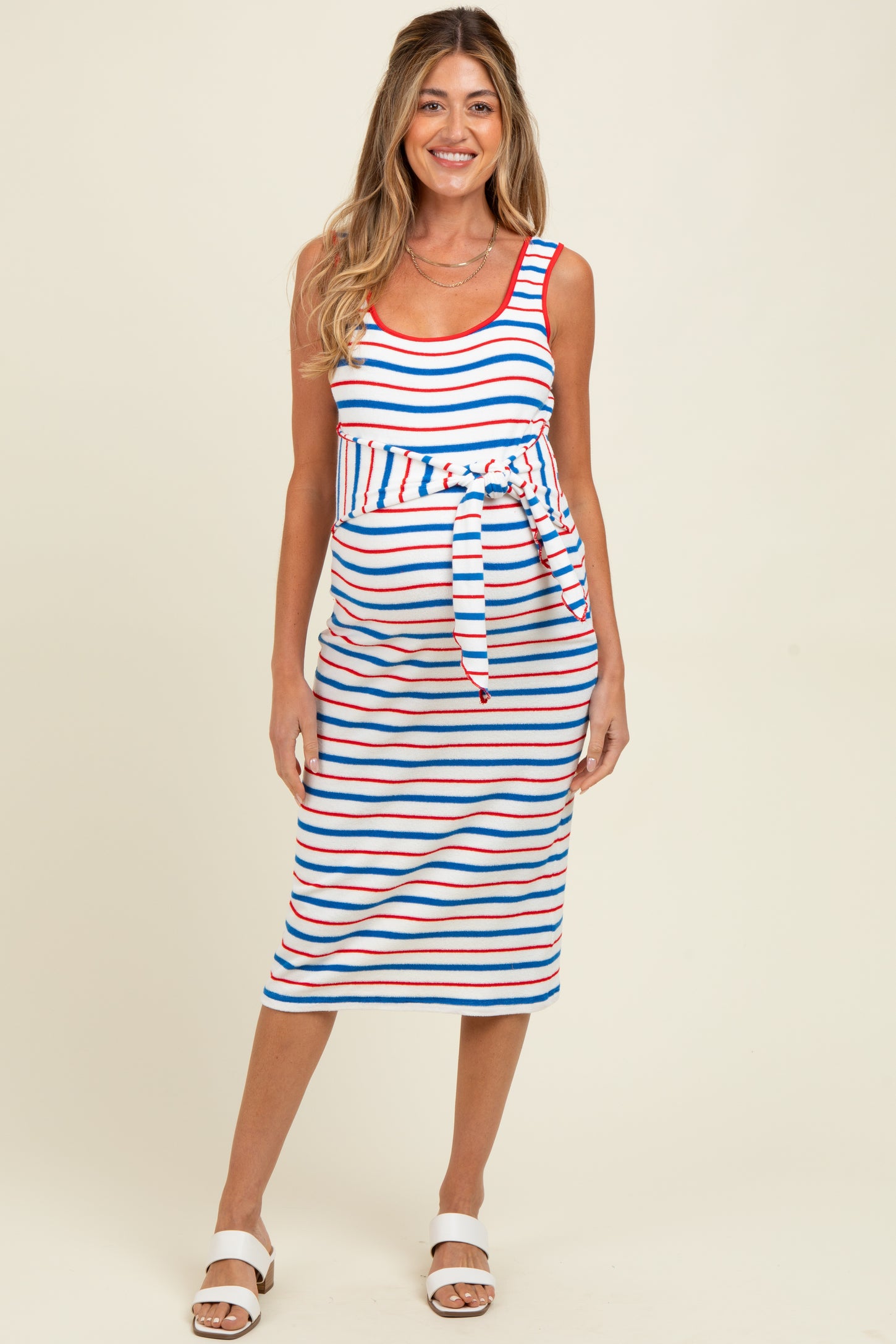 Blue Multi Striped Sleeveless Maternity Midi Dress