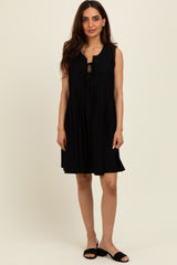 Black Pleated Front Tie Linen Blend Dress
