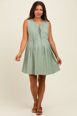 Light Olive Pleated Front Tie Linen Blend Maternity Dress
