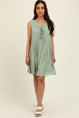 Light Olive Pleated Front Tie Linen Blend Maternity Dress
