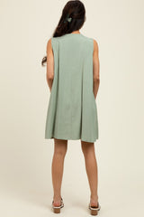 Light Olive Pleated Front Tie Linen Blend Dress