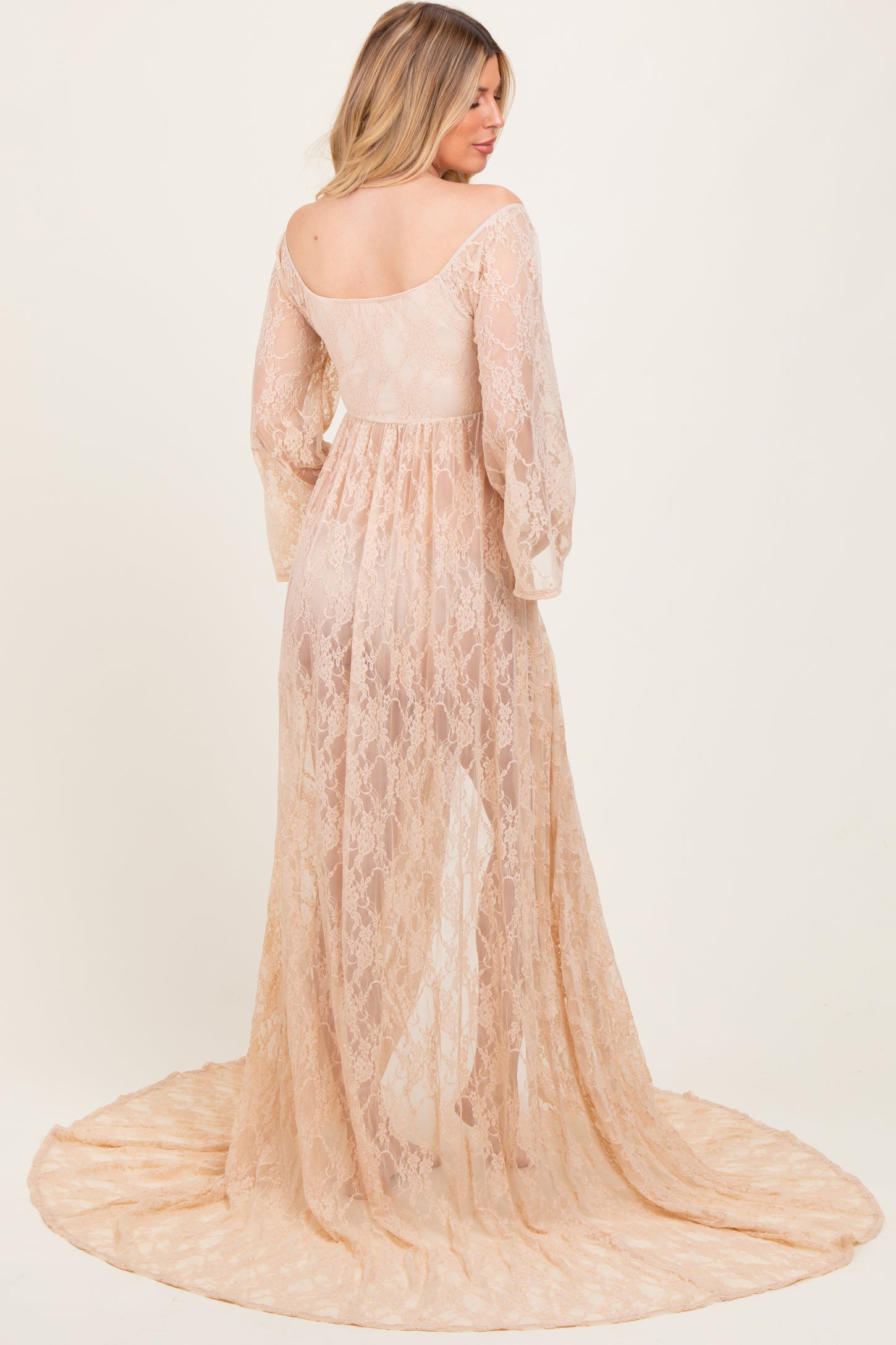 Beige Lace Long Sleeve Off Shoulder Slit Draped Maternity Photoshoot Dress