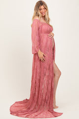 Mauve Lace Long Sleeve Off Shoulder Slit Draped Maternity Photoshoot Dress