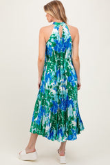 Blue Floral Satin Pleated Halter Neck Maternity Midi Dress