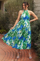 Blue Floral Satin Pleated Halter Neck Maternity Midi Dress