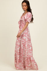 Pink Tropical Print Smocked Front Tie Maxi Dress