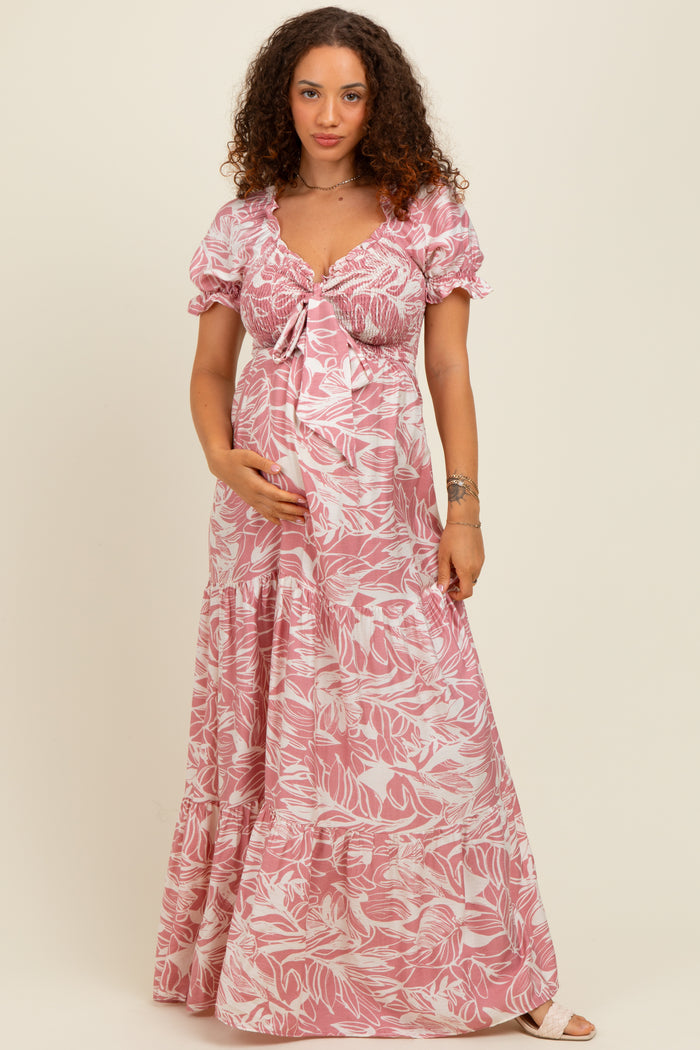 Pink Tropical Print Smocked Front Tie Maternity Maxi Dress