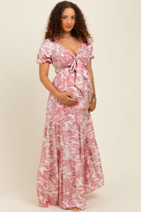 Pink Tropical Print Smocked Front Tie Maternity Maxi Dress