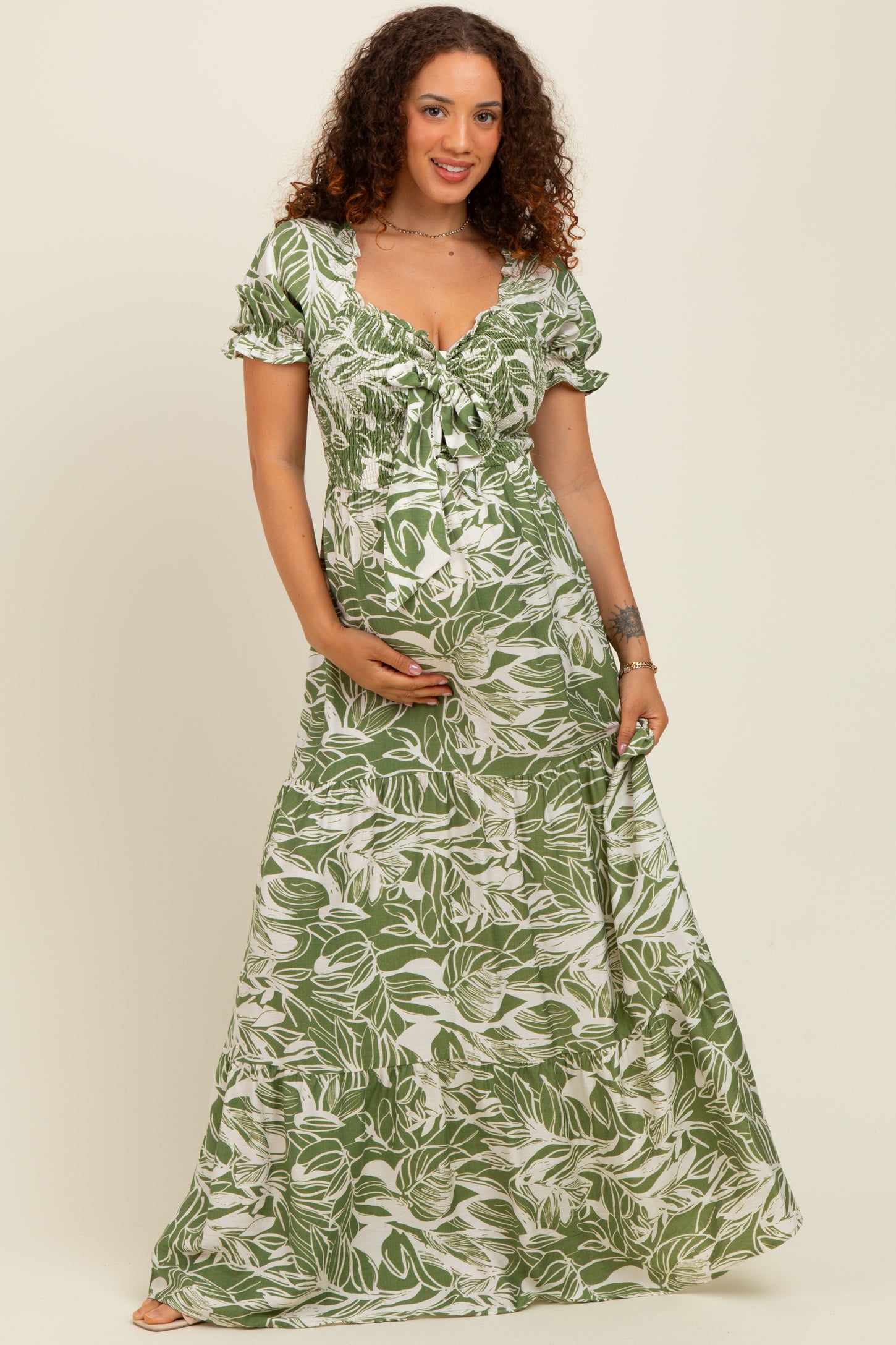 Green Tropical Print Smocked Front Tie Maternity Maxi Dress