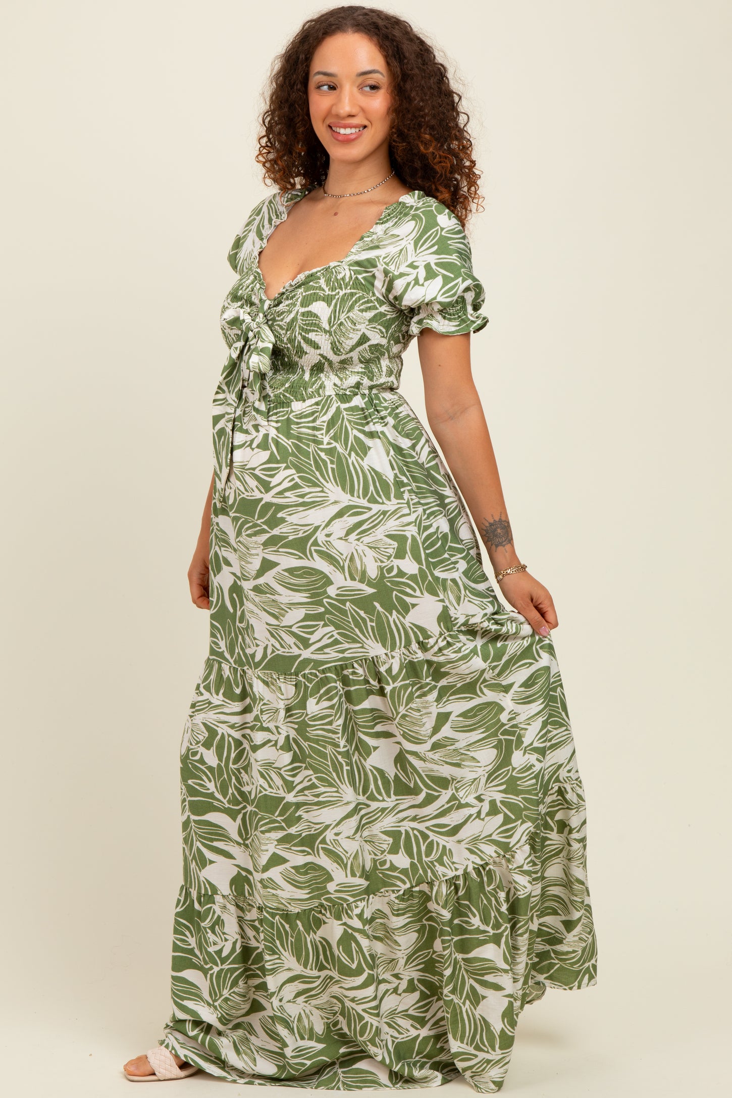 Green Tropical Print Smocked Front Tie Maternity Maxi Dress