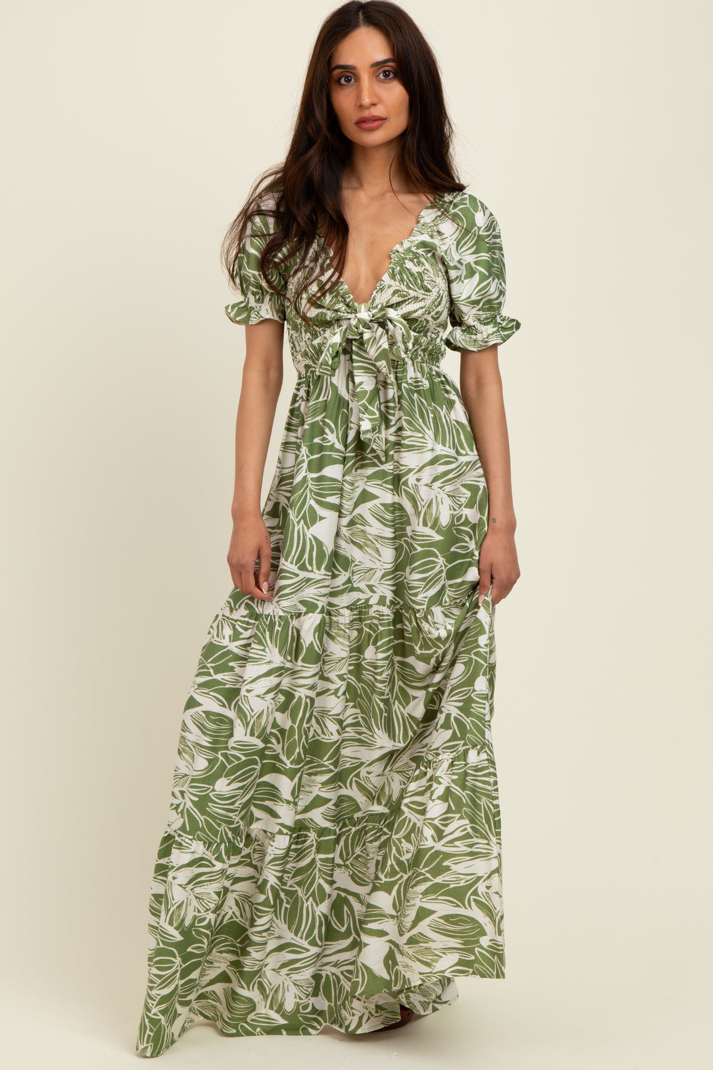 Green Tropical Print Smocked Front Tie Maternity Maxi Dress