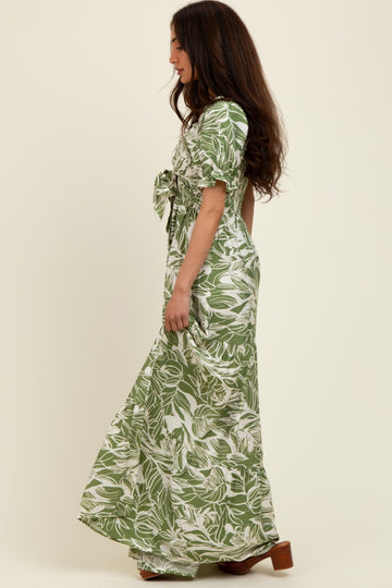 Green Tropical Print Smocked Front Tie Maxi Dress