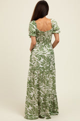 Green Tropical Print Smocked Front Tie Maxi Dress