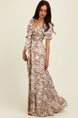 Taupe Tropical Print Smocked Front Tie Maxi Dress