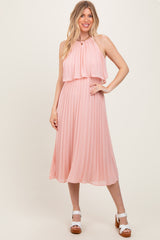 Pink Pleated Woven Midi Dress