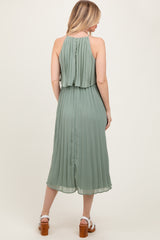Light Olive Pleated Woven Midi Dress