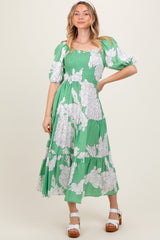 Green Floral Smocked Front Tie Cutout Maxi Dress