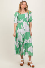 Green Floral Smocked Front Tie Cutout Maxi Dress
