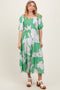 Green Floral Smocked Front Tie Cutout Maxi Dress