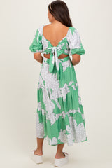 Green Floral Smocked Front Tie Cutout Maternity Maxi Dress