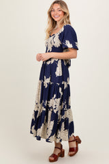 Navy Floral Smocked Front Tie Cutout Maxi Dress