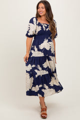 Navy Floral Smocked Front Tie Cutout Maternity Maxi Dress