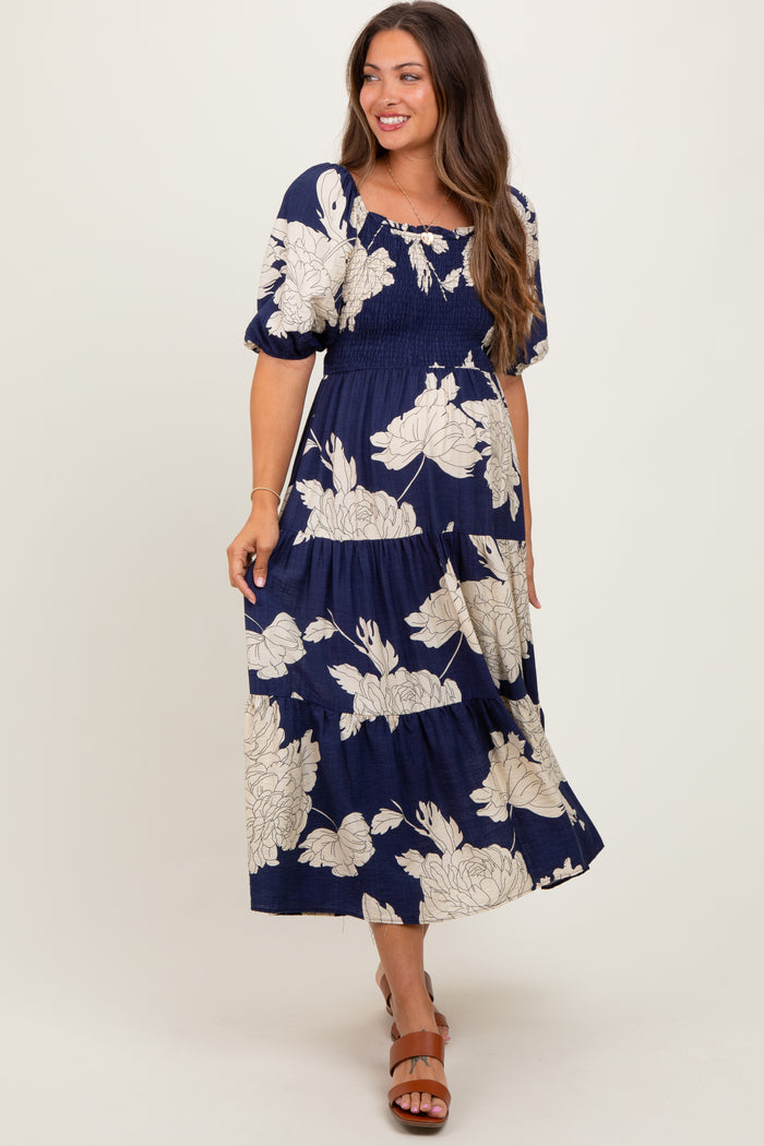 Navy Floral Smocked Front Tie Cutout Maternity Maxi Dress