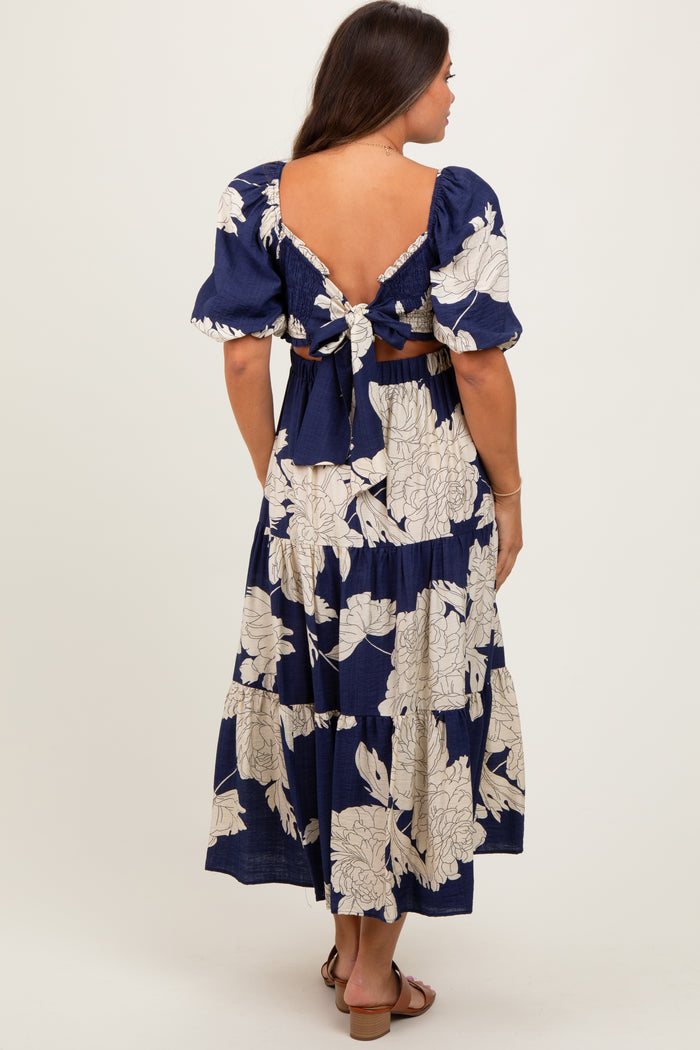 Navy Floral Smocked Front Tie Cutout Maternity Maxi Dress