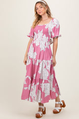 Pink Floral Smocked Front Tie Cutout Maxi Dress