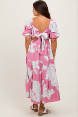 Pink Floral Smocked Front Tie Cutout Maternity Maxi Dress