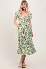 Green Floral Front Tie Midi Dress