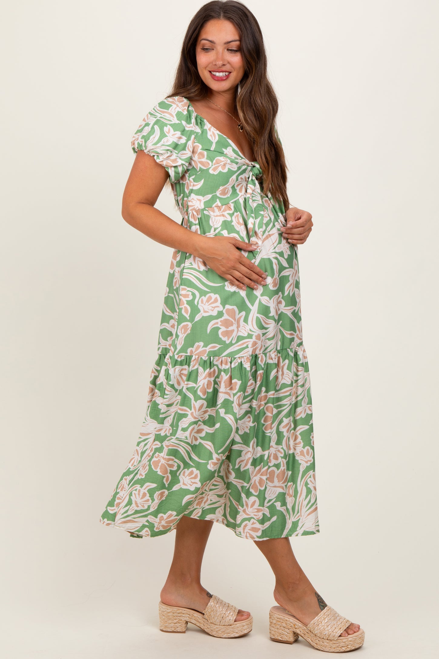 Green Floral Front Tie Maternity Midi Dress