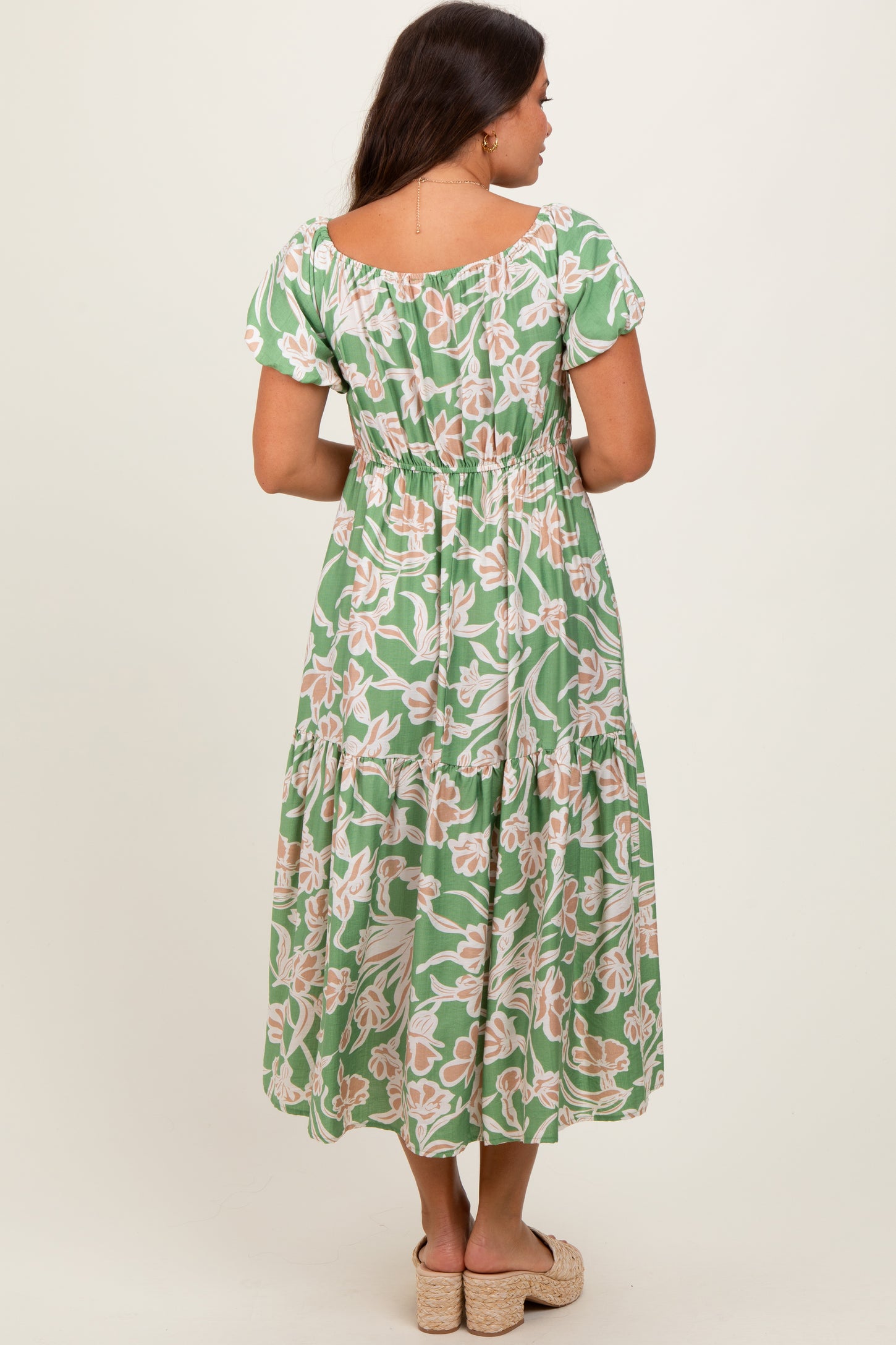 Green Floral Front Tie Maternity Midi Dress