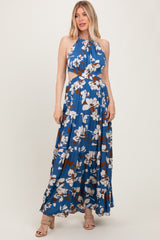 Blue Floral Halter Side Cutout Maxi Dress