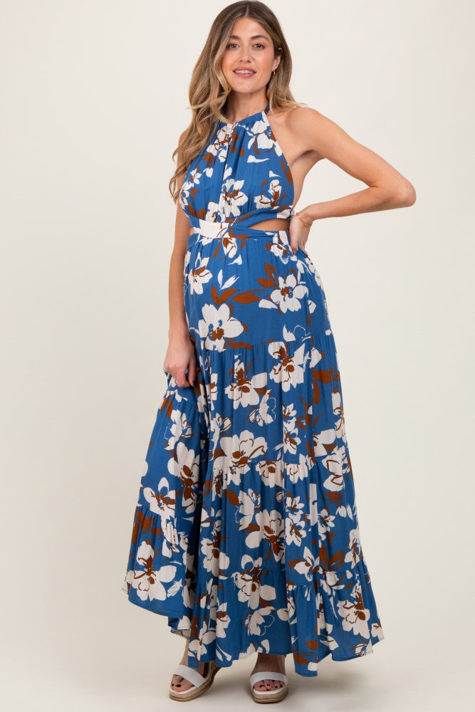 Blue Floral Halter Side Cutout Maternity Maxi Dress