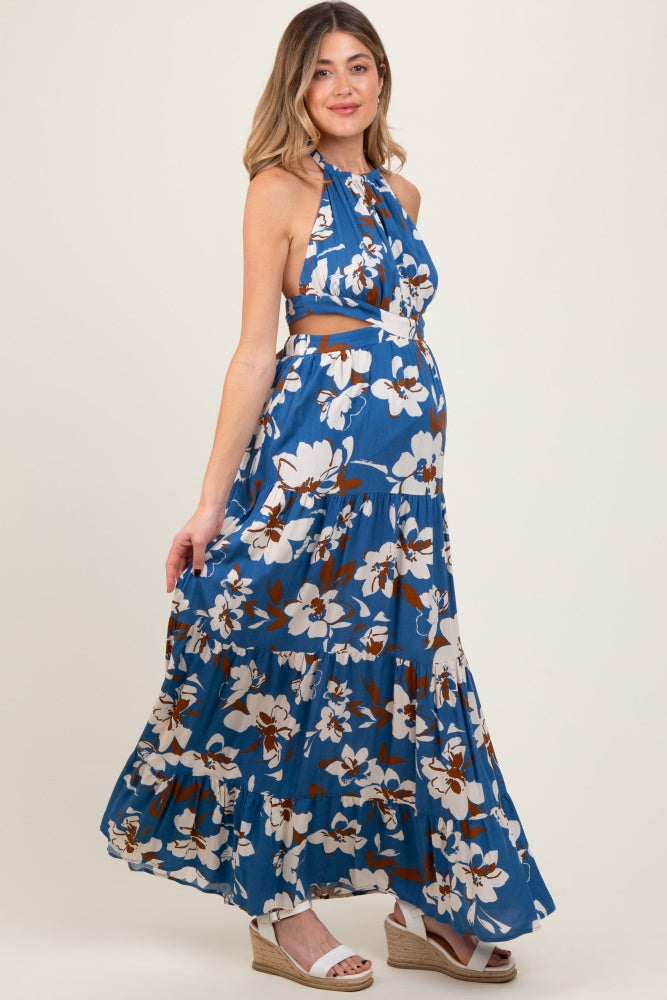 Blue Floral Halter Side Cutout Maternity Maxi Dress