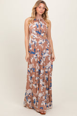 Taupe Floral Halter Side Cutout Maxi Dress
