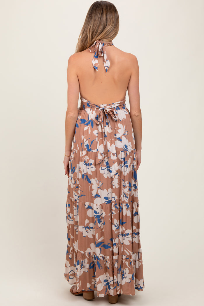 Taupe Floral Halter Side Cutout Maternity Maxi Dress
